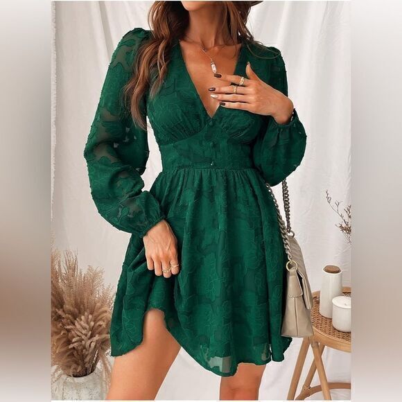 Cupshe Emerald Lace Mini Dress Long Sleeve Floral Print A Line Dress L RefCPS079 - Picture 2 of 13